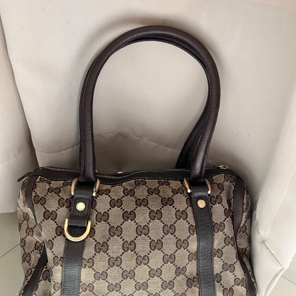 Authentic Gucci GG Canvas Abbey Boston Tote D-Ring Shoulder Leather Handbag - Picture 3 of 14